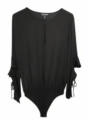 Express Bodysuit Black Crew Neck Front Keyhole Tie Sleeves Size Medium